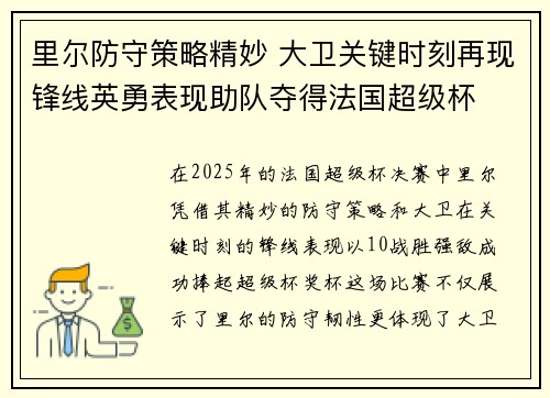里尔防守策略精妙 大卫关键时刻再现锋线英勇表现助队夺得法国超级杯