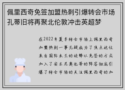 佩里西奇免签加盟热刺引爆转会市场孔蒂旧将再聚北伦敦冲击英超梦 佩里西奇免签加盟热刺引爆转会市场孔蒂旧将再聚北伦敦冲击英超梦