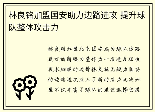 林良铭加盟国安助力边路进攻 提升球队整体攻击力